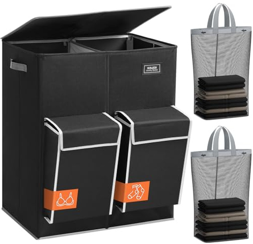 SOLEDI Double Laundry Basket with Lid, 180L Large Laundry Basket 2 Compartments with 2 Side Pockets, Dirty Clothes Basket with Removable Bag, Easy to Carry for Bathroom, Bedroom, Laundry (Black)