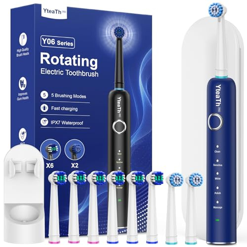 Spazzolini da denti elettrici rotanti per adulti e bambini con 8 testine di ricambio, Electric Toothbrush con supporto da parete, 5 modalità di pulizia e custodia da viaggio, durata della batteria 60