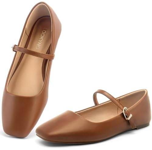 Lookyno Womens Ballet Mary Jane Flats Shoes Adjustable Strap Square Closed Toe Chic Footwear with Latex Insole, Brown, US 9