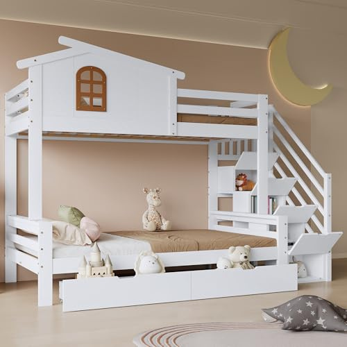 Letto per bambini 90x200/120x200 cm, letto a castello 2 posti, con scala, finestra squisita, 2 cassetti, legno, protezione anti-caduta