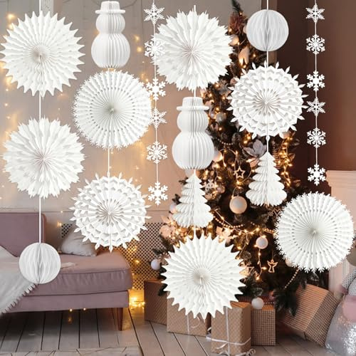 Paper Christmas Decorations, 16Pcs Winter Xmas Snowflake Decorations Honeycomb Ball Trees Snowman Snowflake Garland Christmas Ceiling Decorations for Xmas Winter Home Ceiling Wall Decor