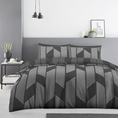 Lions Geometric Double Bedding Set - Dark Grey Duvet Cover with Matching Pillowcase, Soft Poly Cotton Charcoal Quilt Covers, Reversible Printed Pattern Bed Linen, Hypoallergenic, 200x200cm