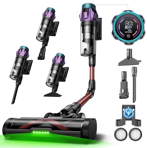 Ultenic U18Pro Aspiradora sin Cable 55Kpa/80Mins, Sistema Multiciclón, Display con Tiempo Restante en Minutos y Limpieza sin Agacharse, Escoba Aspirador Anti-enredos para Pelo de Mascotas y Alfombras
