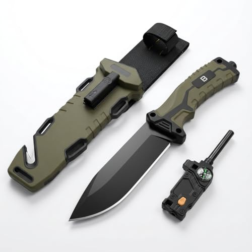 outdoor messer Survival Messer Outdoor – 11 cm 5Cr13 Edelstahl jagdmesser – Multifunktions-Scheide mit Feuerstahl, Kompass, Pfeife & LED-Licht – Robustes Camping Messer für Bushcraft survival messer