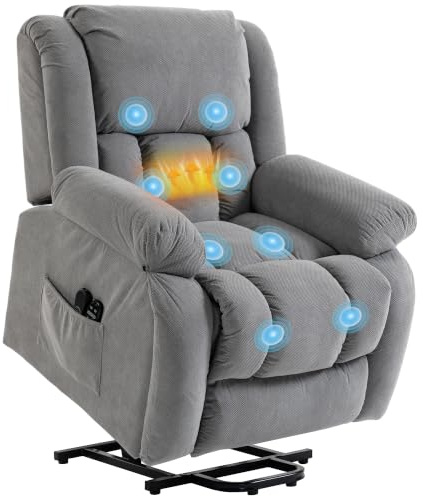 HOMCOM Recliner Armchair Lift Chair with Vibration Massage Heat Light Grey | Velvet-feel Fabric, Electric Riser Recliner, Wide Seat, USB Port, Side Pockets, Living Room