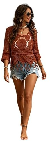 Coprispalle Elegante,Copricostume da Spiaggia All'Uncinetto da Donna Top Bikini Traforato Pullover Boho Lavorato A Maglia Girocollo Leggero Estivo Ideale per Costumi da Bagno Vacanze e Resort Rosso