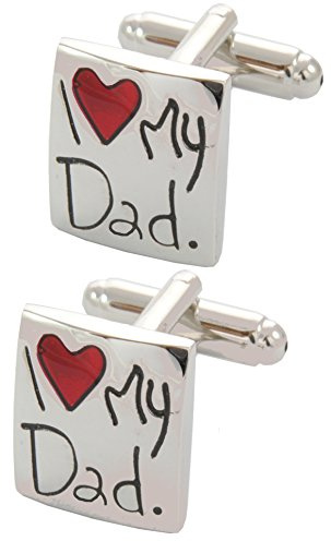 Gemelos Camisa Hombre Papá - Con Caja - Gemelos para Camisas - I Love My Dad - Latón - Color Plata y Rojo - Cuadrada Corazón - Un Par