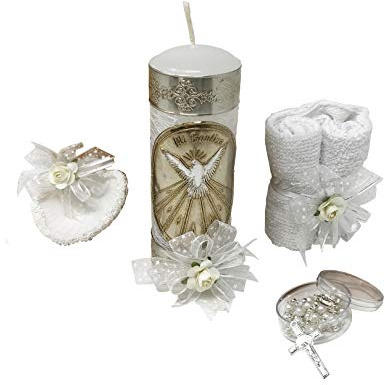 Arcangeles Mexicanos Catholic Baptism Candle Set in a Wooden Box with Towel, Candle, Rosary and Shell for Baby Boys and Girls. Handmade in Mexico