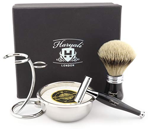 Haryali London Herren-Rasierset mit doppelseitigem Rasierhobel mit silberner Spitze, Dachshaarpinsel, Ständer, Seife und Schüssel