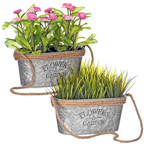 LIVIVO Zinc Plant Pots Set of 2 – Oval Metal Flower Planters with Rope Handles and 'Flowers & Garden' Design – Rustic Indoor Outdoor Herb Pots, Patio Plant Holders or Avocado Vases