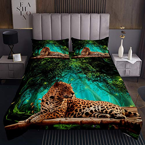 Leopard Tagesdecke 240x260cm Safari Geparden Drucken Steppdecke für Wildtier Tropische Blätter Bettüberwurf Natürliche Landschaft Dekor Mikrofaser 3St
