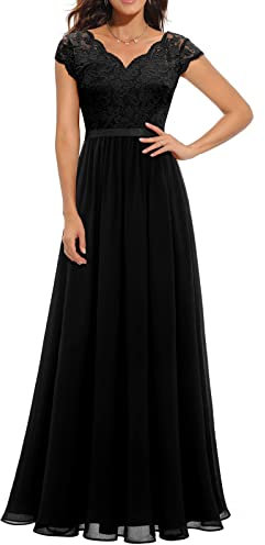 FeMereina Women's Formal V Neck Floral Lace Bridesmaid Maxi Dress Tulle Ball Gown Vintage Mesh Cocktail Party Prom Dress (Black, X-Large)