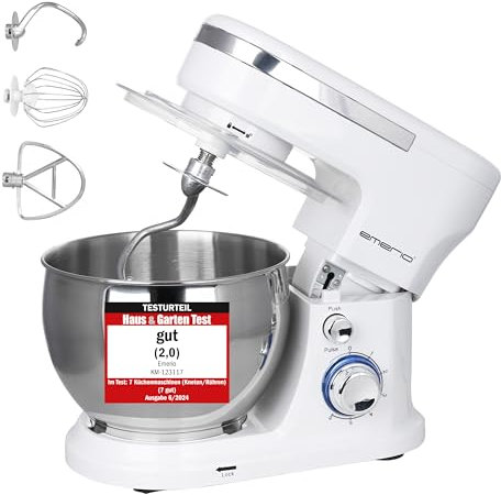 EMERIO Küchenmaschine Knetmaschine Rührmaschine mit 5L Edelstahlschüssel + 3 Rührwerkzeuge + Spritzschutz mit Einfüllöffnung kraftvolle 1000 Watt Power 6 Geschwindigkeiten + Pulse Retro KM-123117