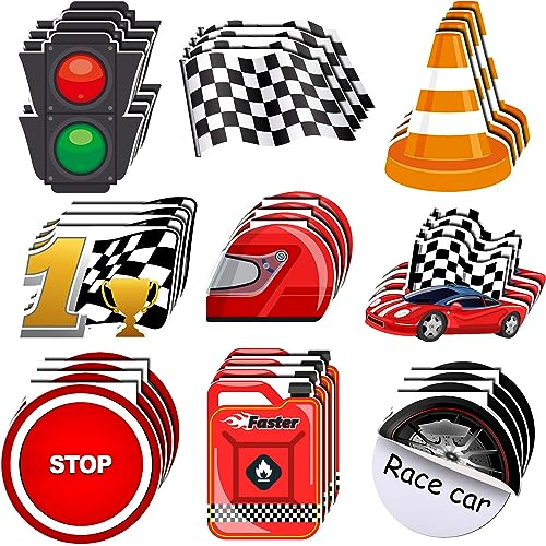 Seajan 36 Pcs Race Car Notepads Party Favors for Kids Fuel Tank Tire Roadblock Flag Traffic Light Helmet Racing Car Trophy Stop for Kids' Birthday Racing Themed Events Prizes School Classroom