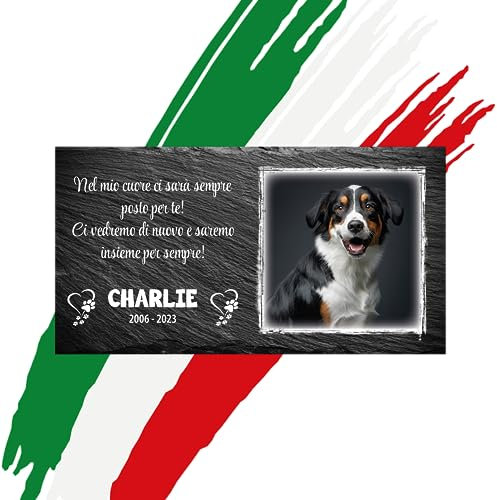 LaFarfallaDiLegno.it Lapide commemorativa per Cane e Gatto, Memoriale Personalizzabile in Pietra, Lapide Cane Personalizzata per Esterno con Foto del Tuo Animale Domestico (Rettangolare 32x17cm)