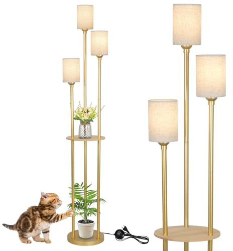 Rayofly Gold Stehlampe Wohnzimmer, Modern Stehlampe mit Regal, 3-flammige Vintage Stehleuchte mit Leinen Lampenschirm & Fußschalter, Industrial Stehlampen für Schlafzimmer Kinderzimmer Büro, 168cm