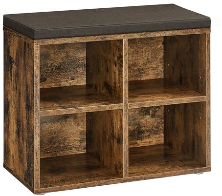 VASAGLE Shoe Bench, Storage Bench with Padded Seat, with Cushion, 4 Compartments, Adjustable Shelves, for Living Room, Hallway, 30.5 x 59.6 x 48 cm, Rustic Brown and Chestnut Brown LHS234K02