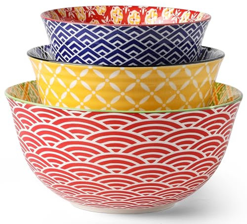 Metahom Ceramic Mixing Bowls for Kitchen, Colorful Nesting Bowls, Large Serving Bowls for Prepping, Baking, Mixing, Salad, Microwave Dishwasher Safe, 3.7/2.3/1.4 Qt, Set of 3