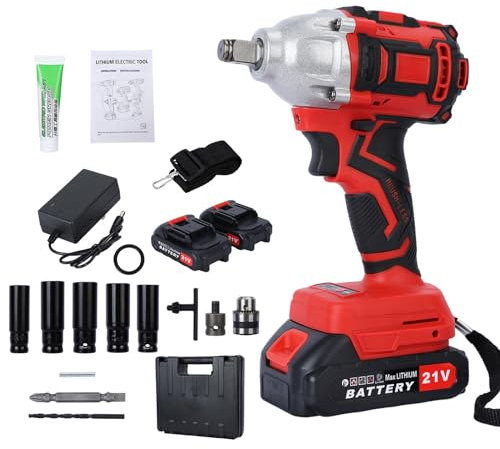 OSKOPWRC Clé à chocs sans fil 21 V, couple élevé 520 N.m avec moteur balais, 2 batteries, 5 douilles, embouts de tournevis, kit d'outils, outil électrique 1/2 pour retirer les écrous cosses, Rouge
