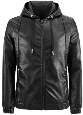 Chaqueta de cuero con capucha para hombre, chaqueta de motociclista, informal, talla grande, Negro, L