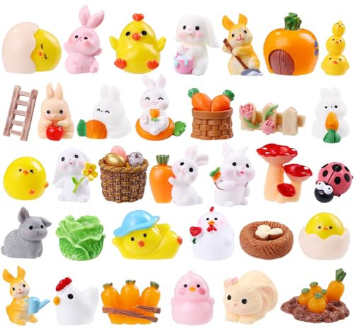XIMISHOP 42PCS Mini Easter Resin Bunny Kit，Cute Tiny Easter Resin Rabbits Chicks Ornaments Little Small Miniature Animals Figurines for Micro Landscape Dollhouse Fairy Garden