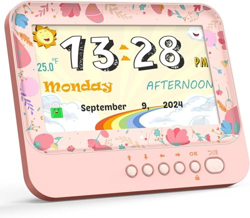 Children Alarm Clock with Large Numbers - Easy-Read Kids Learning Clock for Bedroom or Nursery, Colourful Cartoon Bedside Clock, Digital, 7 Inch (Pink+Blue)