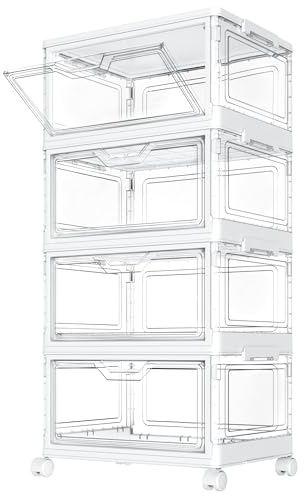 StowBin Aufbewahrungsboxen mit Deckel – 4-Stöckige Stapelbare Kunststoffboxen, 23L Transparent, Große Organizer-Behälter für Schlafzimmer, Wohnzimmer, Badezimmer, 4 Schichten und 1 Deckel