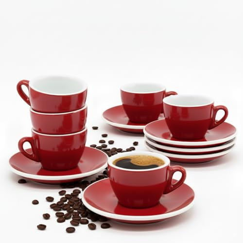 MUVELL Set 6 Tazzine da Caffè Espresso 60 ml con Piattini Rosso e Bianco Porcellana Spessa Stile Italiano Lavabili in Lavastoviglie Idea Regalo