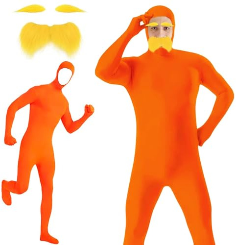 JrnSvp Combinaison Intégrale Orange Pour Homme, Costume De Carnaval En 2 Pièces Comportant 1 Combinaison Intégrale Orange + 1 Moustache Et Sourcils Jaunes