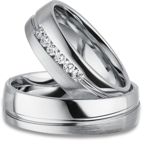 Kolibri Rings Partnerringe, Eheringe in Silber 925 rhodiniert Paarpreis | 6 Zirkonia Steine in Kanalfassung, Längsmatt mit Glanzfuge + Gravur + Etui - Made in Germany