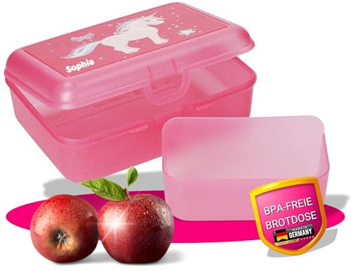 Uakeii Personalisierte premium Butterbrotdose Einhorn Pony Brotdose inklusive eigener Name – Glitzer Brotzeitbox mit Trennfach in Pink – 19 x 14 x 7 cm spülmaschinengeeignet