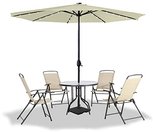LZQ Sonnenschirm Balkon Ø 350cm Gartenschirm mit Solar LED Beleuchtung Alu Marktschirm mit Handkurbel Strandschirm Rund Terrassenschirm Wasserabweisende UPF 40+(Beige, Winkel Nicht Verstellbar)
