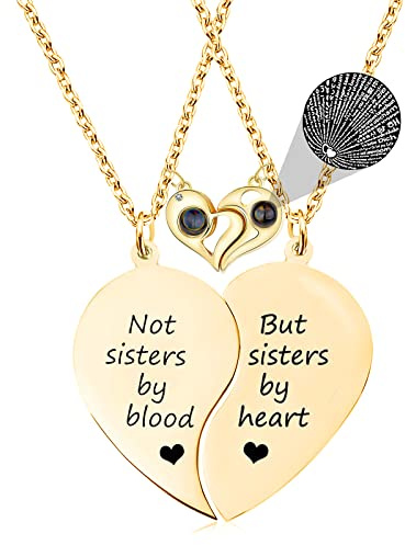 MJartoria BFF Necklace for 2-Split Heart Necklace Not Sisters by Blood Pendant Best Friend Friendship Necklace Set of 2 Valentines Day Gifts for Her (Gold, B-Heart 100 languages)