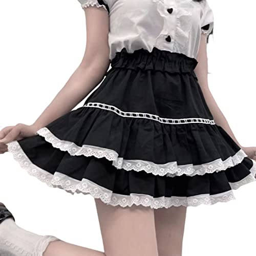 RILGOU Harajuku Lolita Fashion Kawaii Goth Ropa elástica de cintura alta línea A Vintage Encaje en capas falda corta, Negro -, M