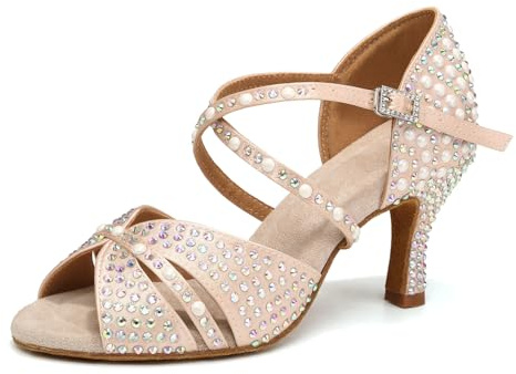 Uonpie Women's Rhinestone Dance Shoes Peep Toe Salsa Ballroom Latin Performance Dancing Shoes Nude, 9 US