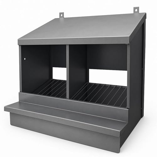 MAKA Nido per Galline Ovaiole 2 Posti Struttura in Lamiera e Rete Zincata Inclinata con Raccolta Uova Cassetta Contenente 60 Uova Ideale Pollaio Interno ed Esterno Tetto Spiovente 56X43X42.5 cm