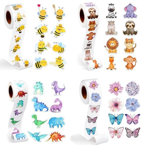 WEDAMOO Autocollant Animaux Ronds en Rouleau, 2000 Pièces Autocollants de Récompense Animal, Autocollants Abeille, Autocollant Animaux En Rouleau pour École, Cartes, Cadeau(4 Rouleaux)
