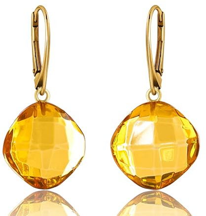 Amber by Mazukna Leverback Dangle Earrings for Women – Gold-Plated 925 Silver Drop Earrings with Natural Yellow Baltic Amber Piece, Lightweight Jewelry with Secure Closure for Everyday Elegance (Faceted Cushion)