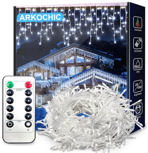 ARKOCHIC 10M Luci Natale Esterno Cascata, 400 LED Tenda Luminosa Bianco Caldo, Luci Natalizie da Esterno con Telecomando, 8 Modalità, Luci Decorazione Natale per Feste, Finestra, Balcone