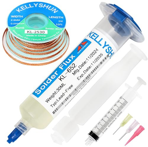 KELLYSHUN KL-652 Transparent Lötpaste Flussmittel Löten,30ML No Clean Bleifreies Kolophonium Löten Lötflussmittel (1 Stück),2.5MM/3MM Entlötlitze (1 Stück),Für Handy,BGA,SMD,LED,PCB Elektronik Löten