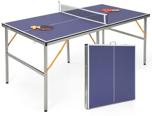 COSTWAY Mesa de Ping Pong Plegable con Red, 166x83cm, 2 Raquetas, 3 Pelotas, Mesa de Tenis de Mesa Portátil Interior Exterior, Estructura Aluminio, Azul