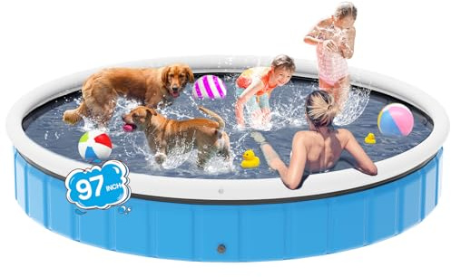 Poolergetic 97in Extra Large Foldable Dog Pool, Big Portable Hard Plastic Swimming Pool for Kids, Dogs and Pets Collapsible Dog Bath Tub for Outdoor Backyard, 97 x 13