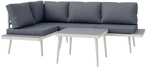 Outsunny Set Mobili da Giardino 3 Pezzi in Acciaio, Salotto da Giardino con 2 Divani e Schienale Regolabile a 5 Livelli, Divanetti con Cuscini e Seduta a Rete, Tavolino a Doghe Effetto Legno, Grigio