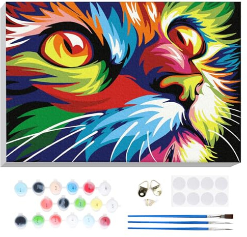 Lxmsja Gato Colorido Pintar por Numeros Adultos Niños con Marco, DIY Animal Cuadros para Pintar Colorear por Números Lienzos, Pintura Acrilica Manualidades Adulto Decoracion Hogar Pared 20x30cm