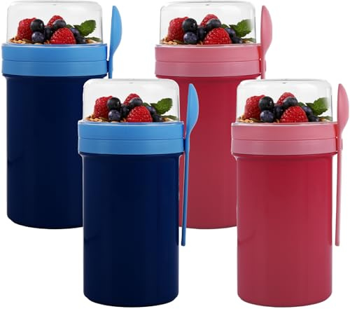ZOFUN 4 Pcs Cereal Cup On To Go, 650 & 350 ml Double Tiers Yogurt Pot with Lids, BPA-Free Breakfast Pot with Spoon & Sauce Pots, Overnight Oats Jar for Breakfast, Cereal, Yogurt