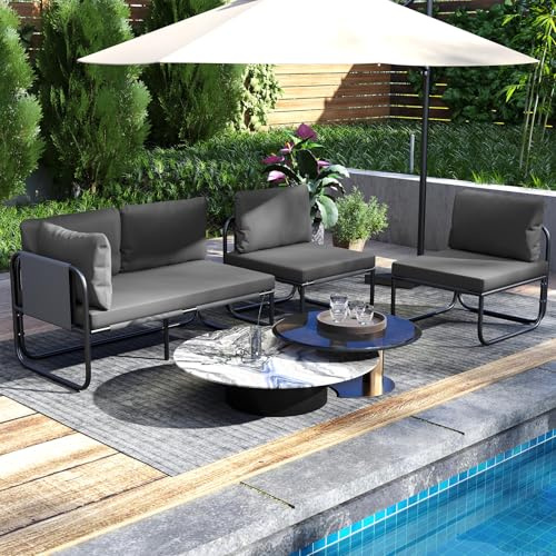 GOPLUS Canapé de Jardin 2 Personnes, Canapé-Lit Angle avec Coussin et 3 Oreillers, Dossier et Accoudoir Unilatéral, Structure Métallique, Banc d'Extérieur pour Jardin, Patio, Terrasse