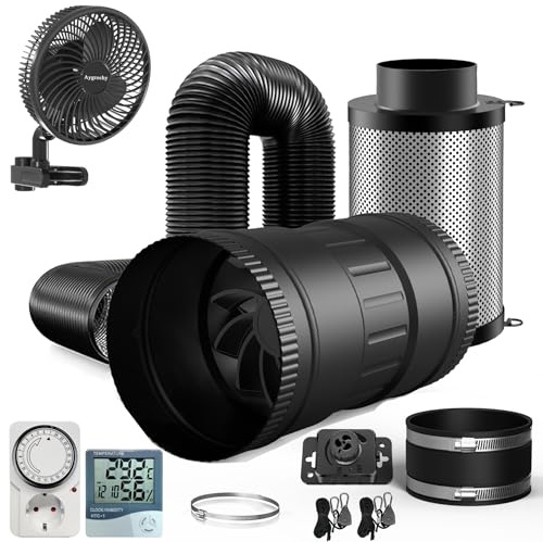 Brogachy Set di ventilazione,100mm Ventola Aspirazione,ventilatore a clip 10W, Igrometro e termometro,timer,filtro carbone attivo, tubo scarico, manicotto gomma, sistema ventilazione tenda