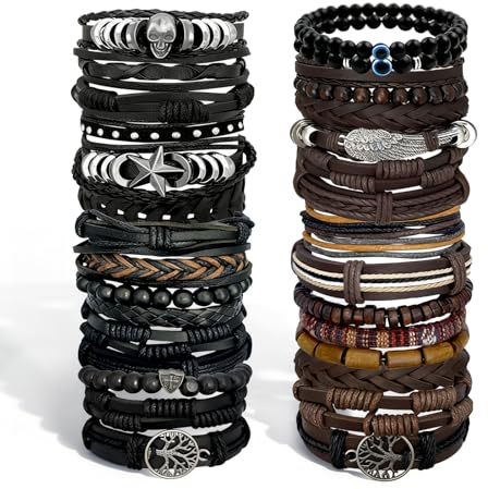 Zobnexts 31Pcs Braided Leather Bracelets for Men Women Punk Wrap Wood Beads Bracelets Adjustable Hemp Cords Ethnic Tribal Handmade Wrap Wristband Punk Gothic Evil Eye Skull Skeleton Bracelet