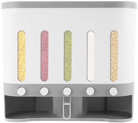 5 i 1 müslidispenser, väggmonterad torrfoderdispenser, 5 rutnät 10 l förvaringsdispenser, kök torrfoder dispenser automat flingor, fri kontroll av livsmedelsutgivning, 40 x 15 x 34 cm