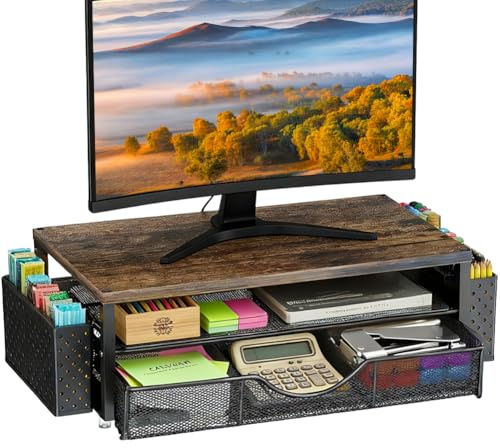 Ruioomeep Monitorständer, Monitorständer Mit 2 Ebenen, Schreibtisch Organizer mit Schublade und 2 Stifthaltern, Laptopständer, Computerständer, Unterbau Bildschirm, für Monitor Laptop Drucker